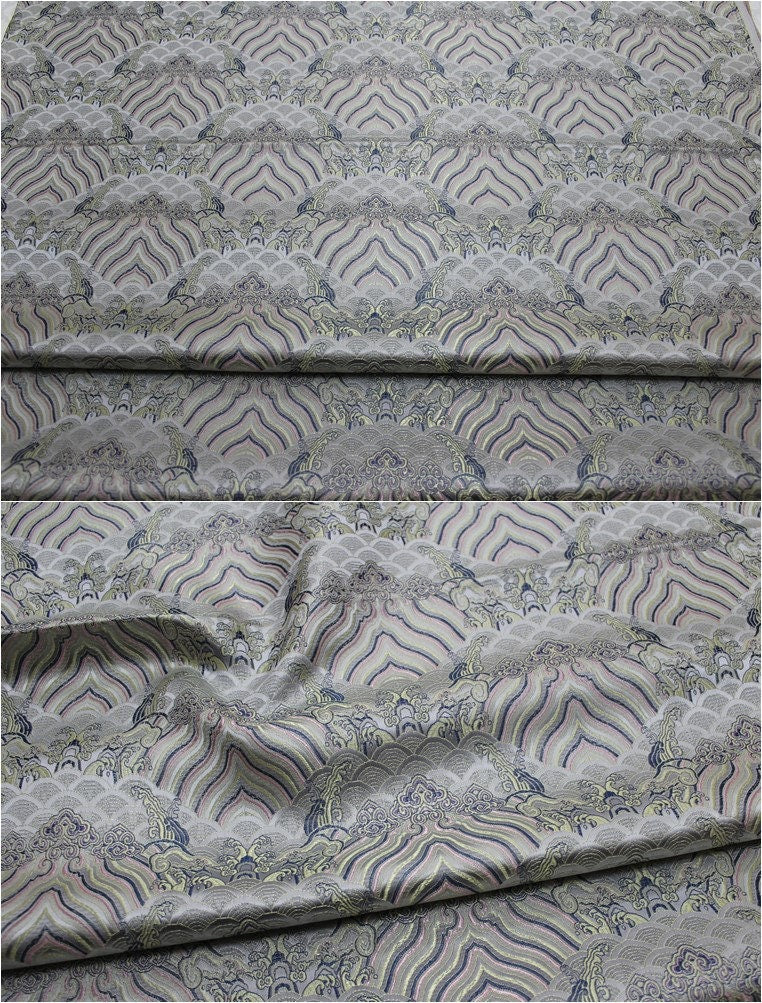 Tissu brocart de soie et rayonne à motif vagues océaniques : Jacquard traditionnel (29,5 po/75 cm)