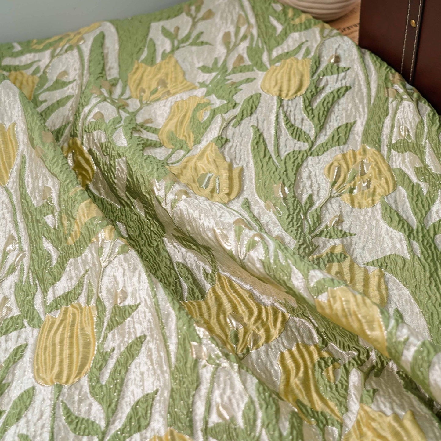 Floral Jacquard Fabric: Gold Thread 3D Texture, 55" Wide