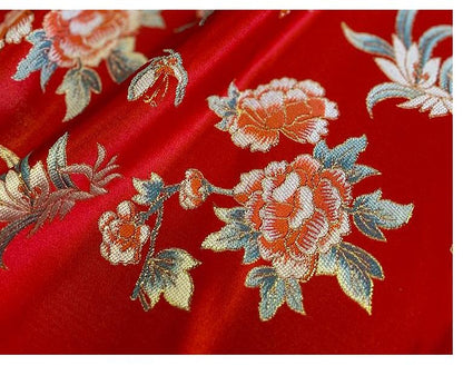 Red Phoenix Brocade Fabric: Floral Jacquard Satin, 58"W