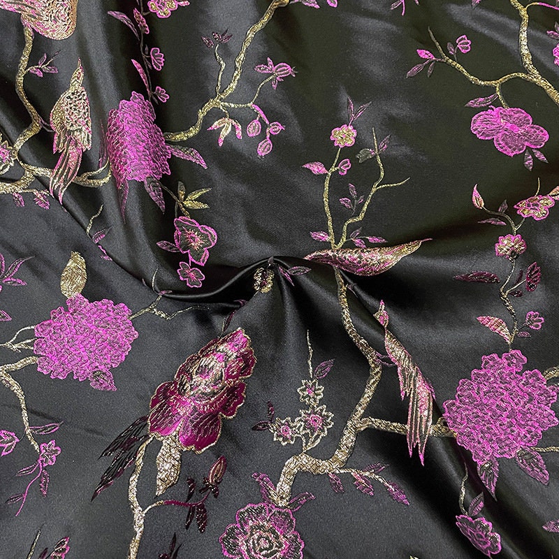 Metallic Brocade Fabric: Damask Jacquard Satin, 57"W, Floral Bird Pattern
