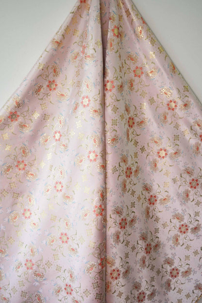 Gold Thread Jacquard Fabric: Pink 3D Flower Designer Fabric, 62"W