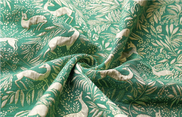 Green Jacquard Fabric with Gold Thread: Deer & Floral Design, 55" Wide
