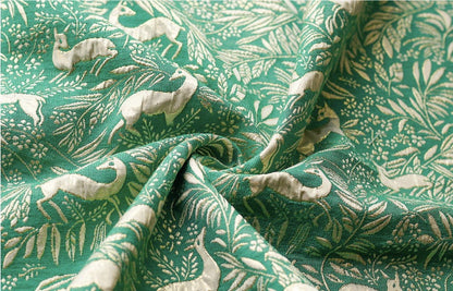Green Jacquard Fabric with Gold Thread: Deer & Floral Design, 55" Wide