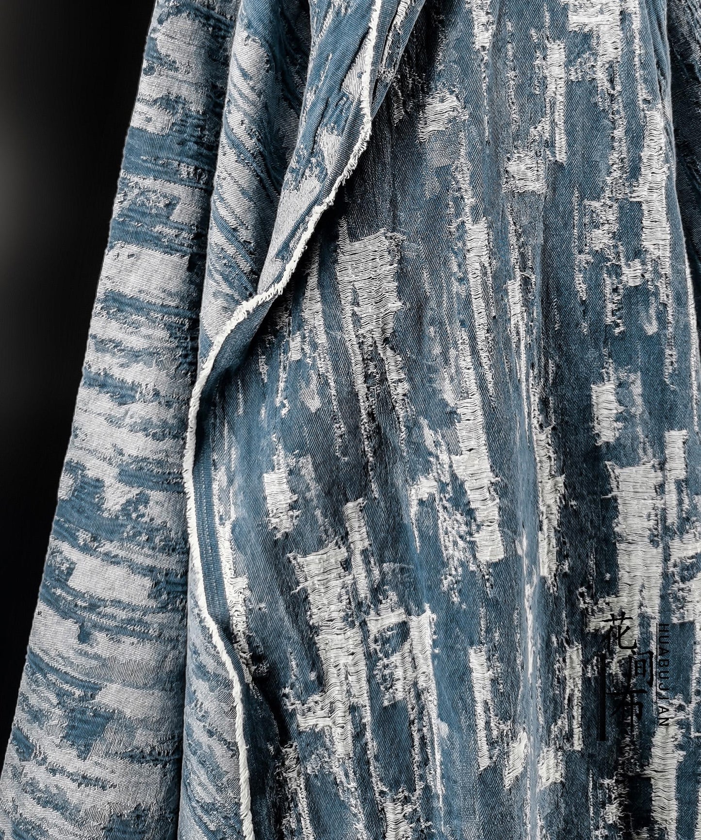Blue Distressed Denim Jacquard Fabric: Washed Textured Design, 55"W