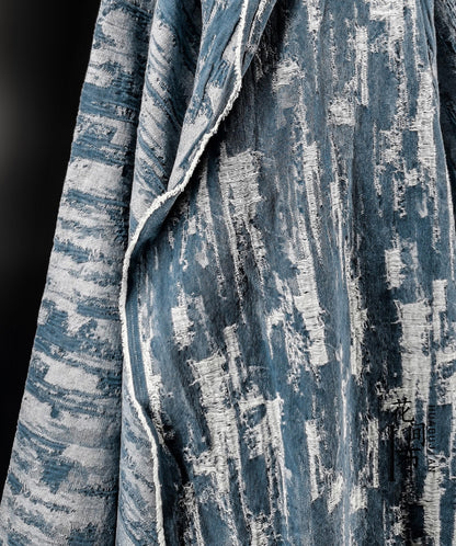 Blue Distressed Denim Jacquard Fabric: Washed Textured Design, 55"W
