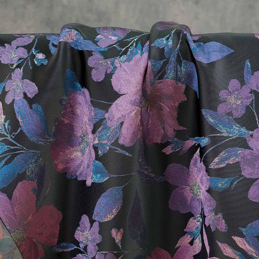 Tissu noir style vintage à motif floral violet tissé, largeur 57 pouces
