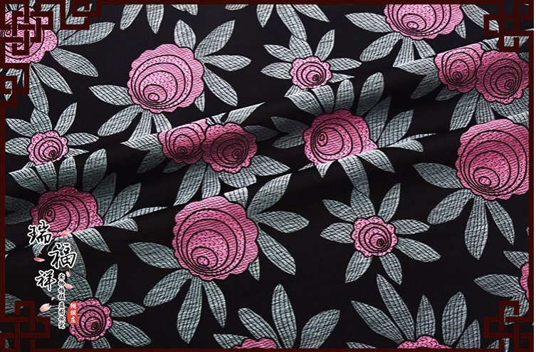 Floral Silk Brocade Fabric: Pink Roses, Black Background (By The Meter)