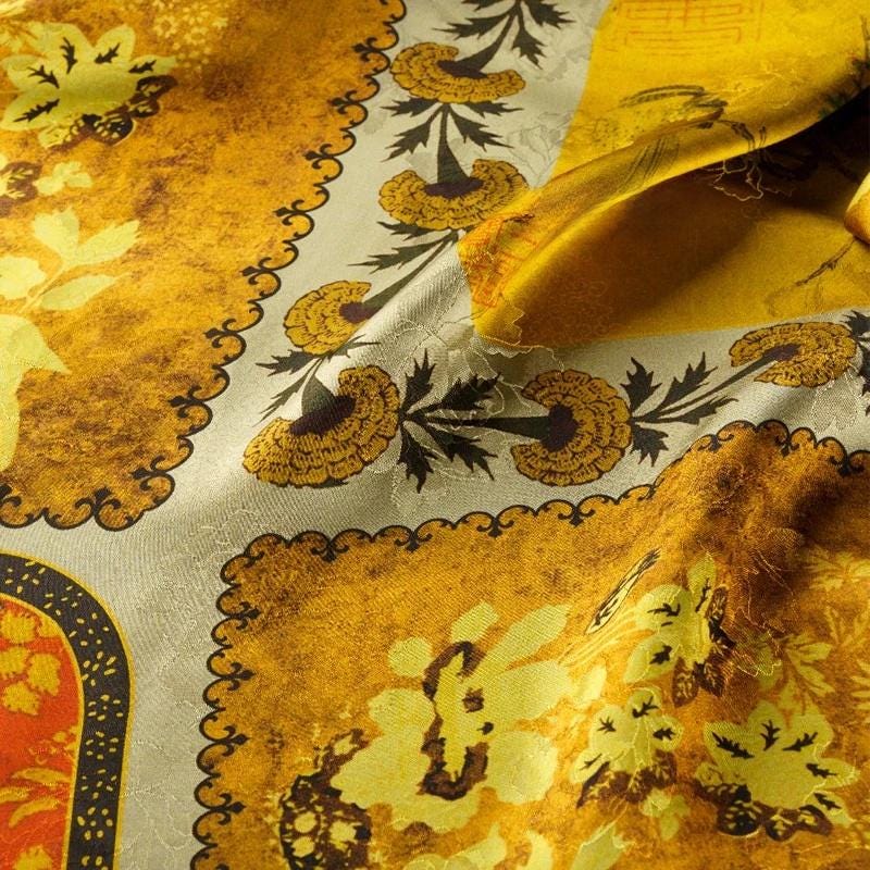Ancient Dunhuang Tea Silk Satin Fabric: Floral Print, 59" Wide