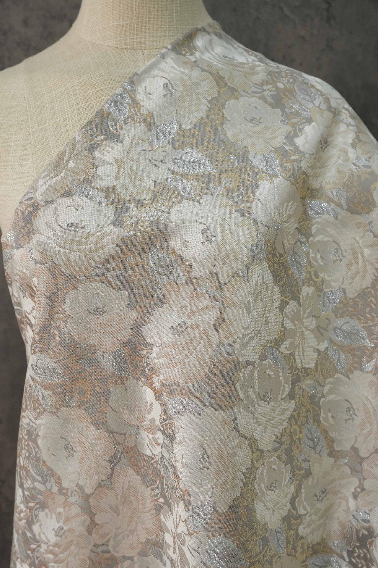 Embroidered Jacquard Fabric: Silver Thread Floral Design, Upholstery & Costume - By the Meter