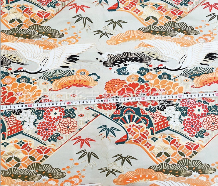 Japanese Crane Jacquard Satin Fabric: Birds & Floral Upholstery, Costume Sewing