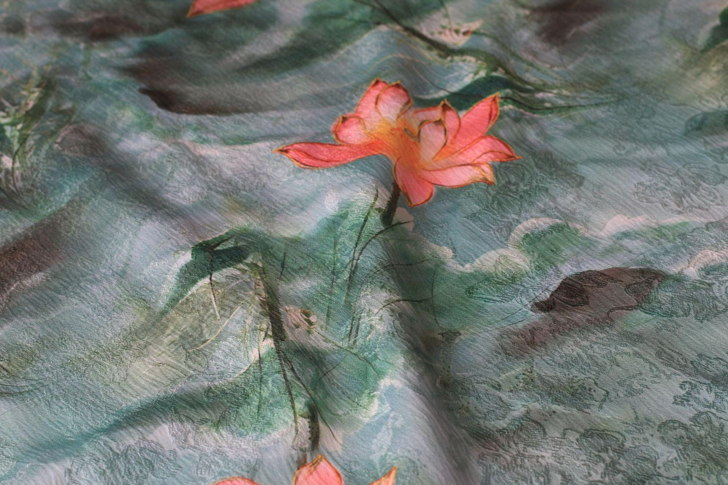 Floral Silky Satin Fabric: 59"W Ancient Painting Print