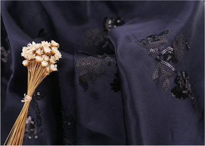 Embroidered Navy Satin Fabric: Floral Sequin Dress Material, 49�ï