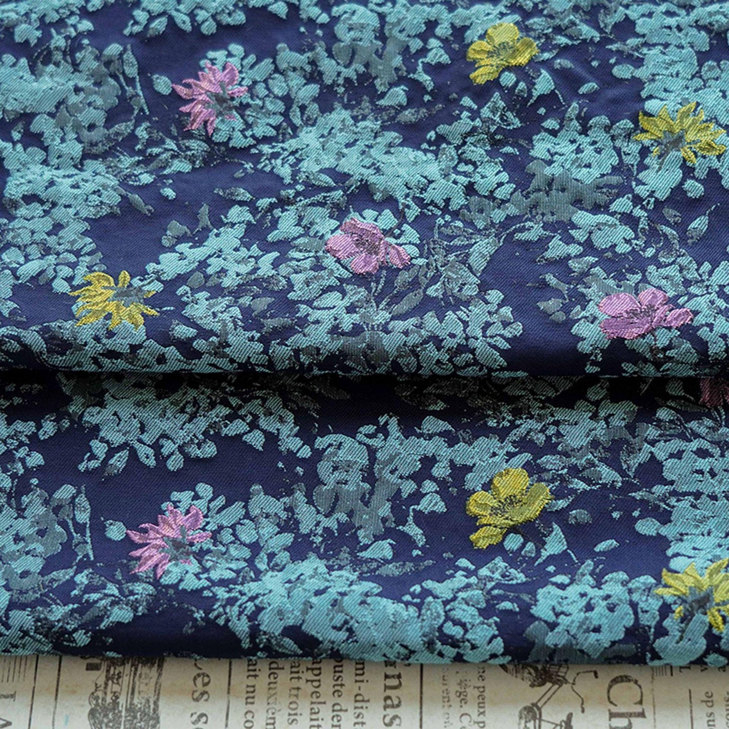 Blue Floral Embossed Jacquard Fabric: DIY Handbag & Upholstery Material (64" Wide)