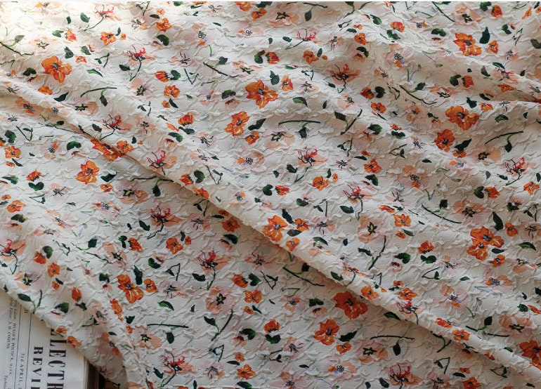 Floral Embossed Silk Chiffon Fabric: 53"W Bubble Crumpled Texture
