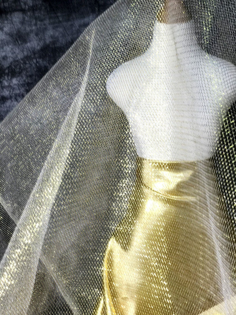 Gold & Silver Stiff Mesh Fabric, Creative Modeling, Designer Dress, 59"W, By the Meter