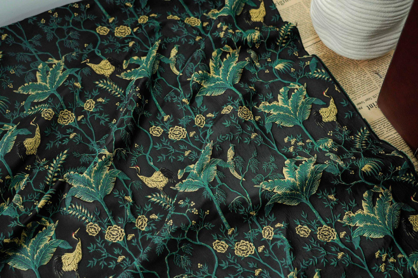 Dark Green Jacquard Fabric: Gold Thread 3D Designer Fabric, 65" Wide