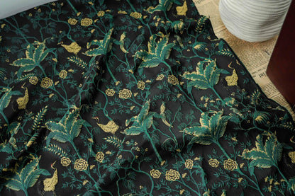 Dark Green Jacquard Fabric: Gold Thread 3D Designer Fabric, 65" Wide