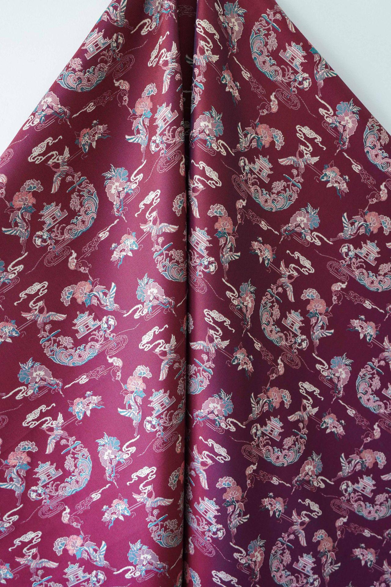 Tissu brocart satin jacquard Song : motif double grue et pivoine