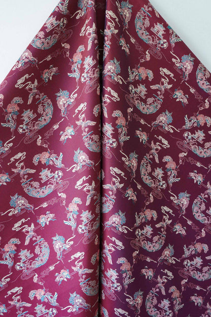 Tissu brocart satin jacquard Song : motif double grue et pivoine