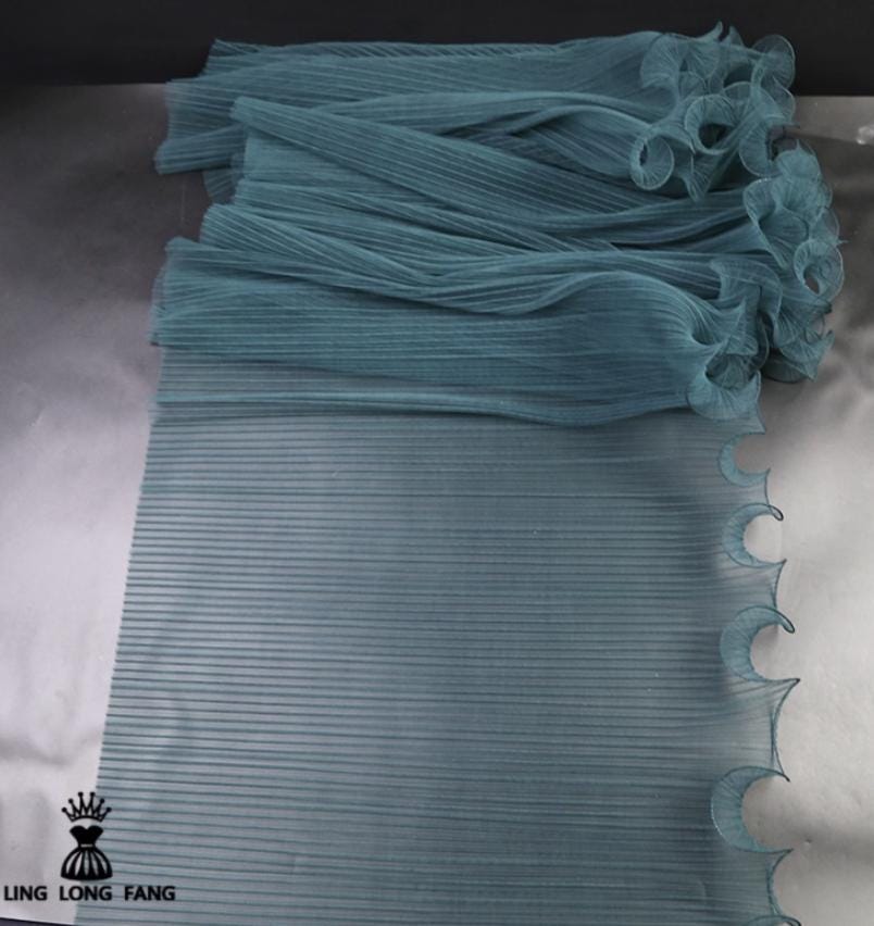 Pleated Ruffle Organza Fabric: Teal Green, Stiff Texture, 20"W