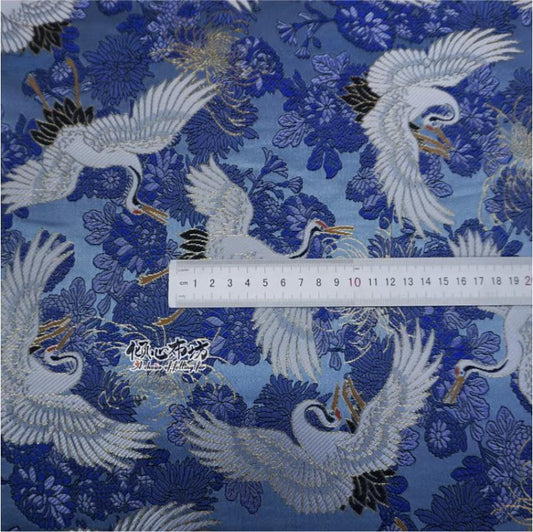 Tissu satin jacquard Crane : brocart japonais, gris argenté, 75 cm de large
