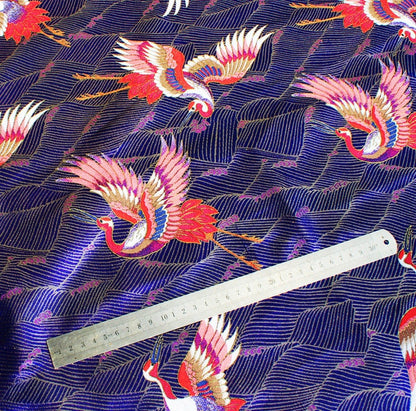 Crane Pattern Jacquard Satin Fabric: 58"W Rayon Brocade by the Meter