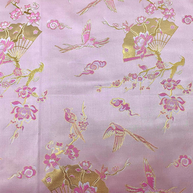 Pink Bird Jacquard Satin Fabric: Antique Cheongsam Brocade