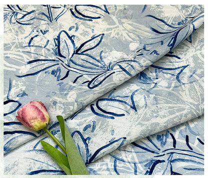 Tissu satin de coton imprimé numérique bleu – Tissu doux pour robes, patchwork, couture DIY, loisirs créatifs, motifs floraux et abstraits, 59 cm