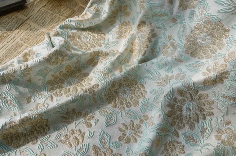 Gold Thread Floral Jacquard Fabric: Mint Green 3D Texture (55" W)