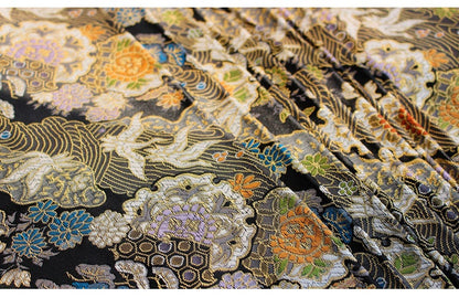 Tissu Kinran de Nishijin Crane : Brocart de soie jacquard damassé noir (largeur 59")