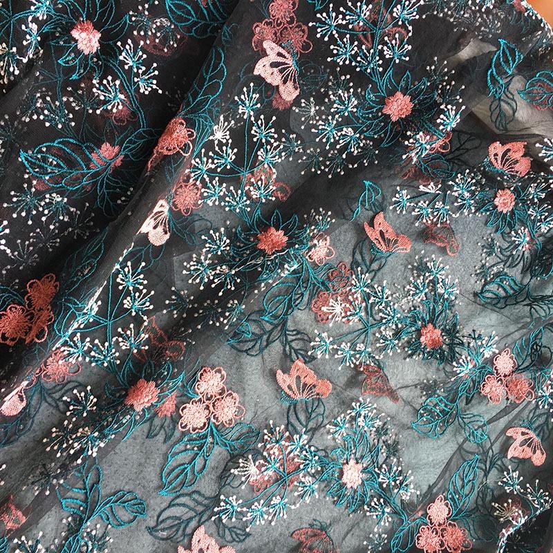 Cherry Blossom Embroidered Lace Fabric ��� Floral Nylon Me" Wide