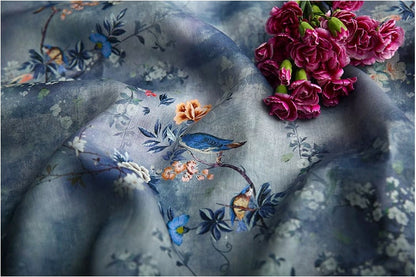 Floral Ramie Fabric: Birds and Flowers Print, 55" Wide, Sewing & Upholstery