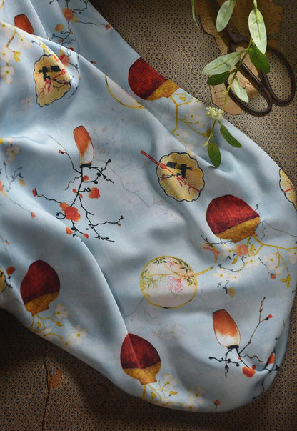 Chinese Ink Painting Cotton Fabric: Floral Drapery, Costume Sewing (55"W)