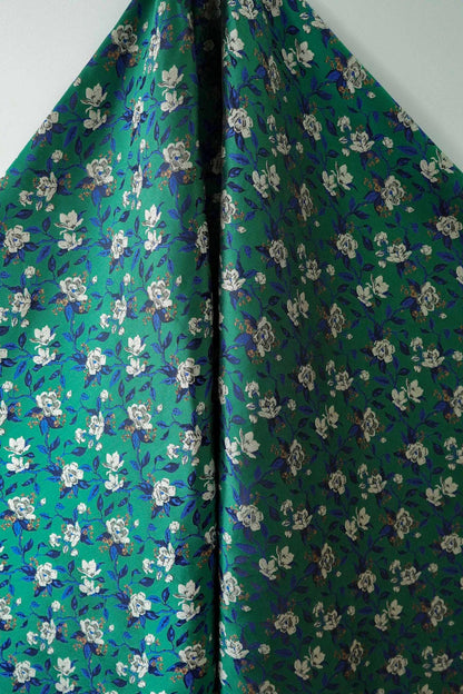 Green Camellia Jacquard Brocade Satin Fabric ��� Floral Textile for Dresses, Costumes & Home Dec"Wide