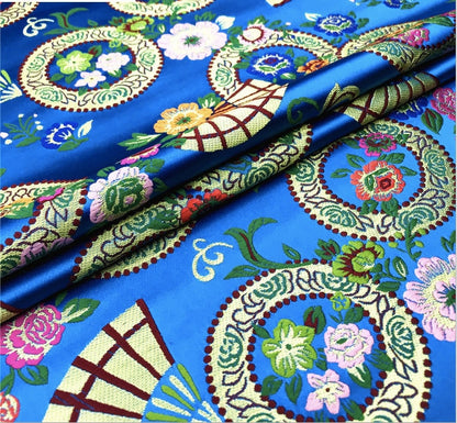 Nishijin Brocade Fabric: Japanese-Style Floral & Snow Wheel Fan, Gold Upholstery Sewing Fabric by Meter