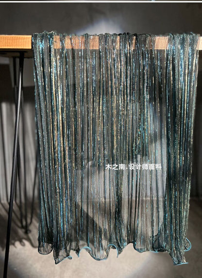 Peacock Blue Glitter Pleated Mesh Fabric, 59" Wide, Stiff Organza