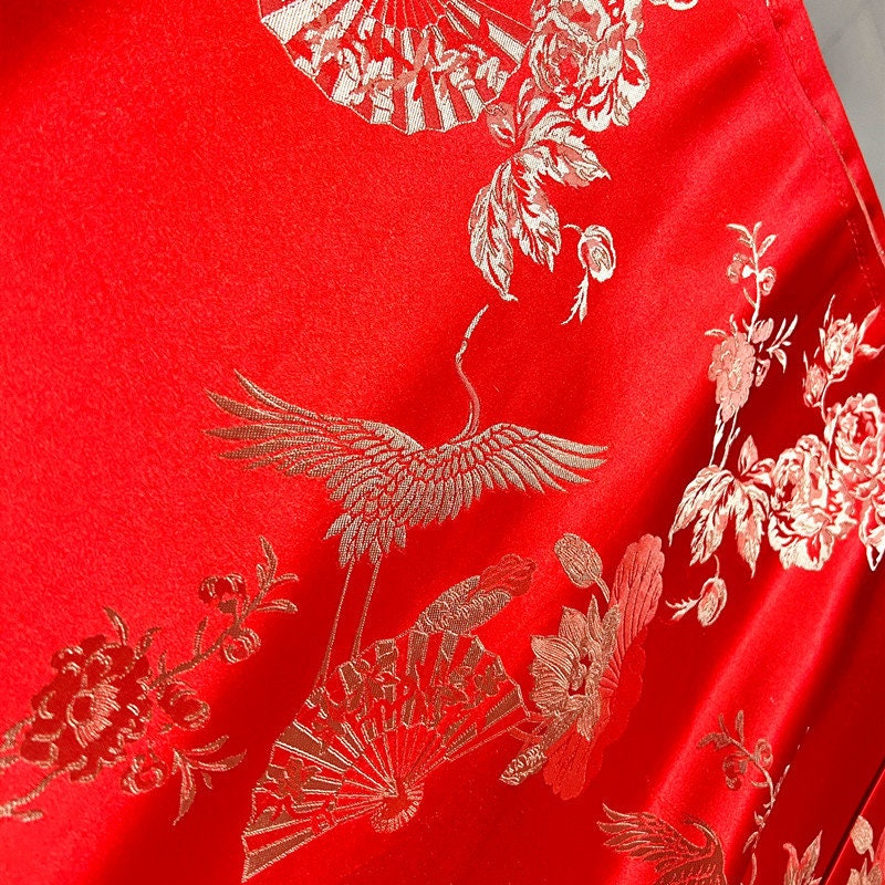 Crane Jacquard Satin Fabric: Red Bird Pattern, 29" Wide, By The Meter