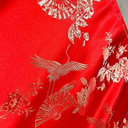 Crane Jacquard Satin Fabric: Red Bird Pattern, 29" Wide, By The Meter