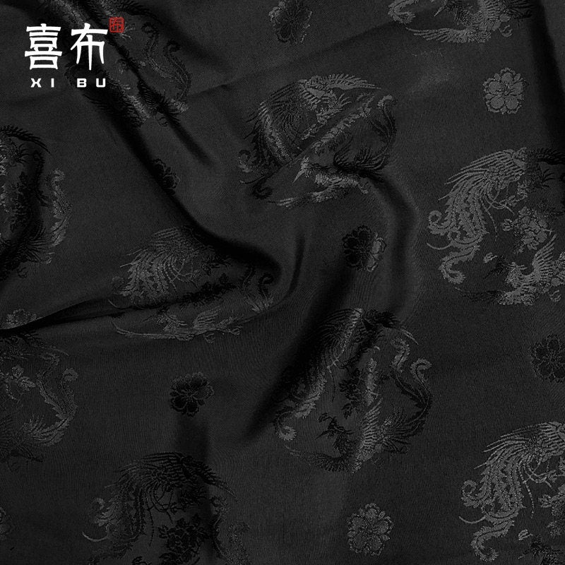 Black Dragon Phoenix Jacquard Fabric: Chinese Antique Style (59"W)