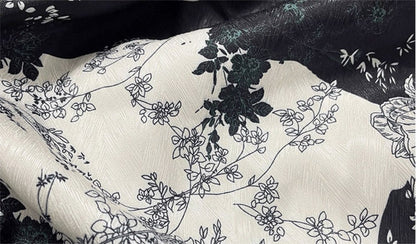 Floral Herringbone Satin Fabric: Black & White Print, 59" Wide