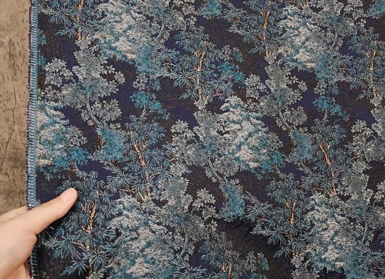 Ice Blue Jacquard Fabric With Gold Thread | Textured Embossed Material, 64" Wide
