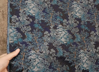 Ice Blue Jacquard Fabric With Gold Thread | Textured Embossed Material, 64" Wide