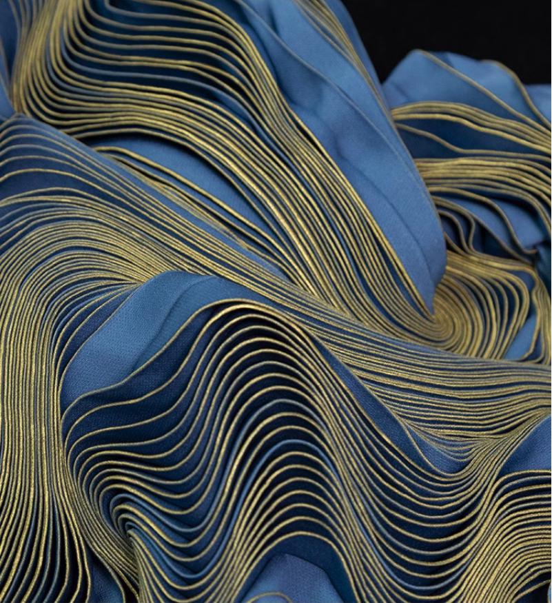 Ocean Blue Foil Pleated Fabric: Hand-Pressed Crepe Designer Material