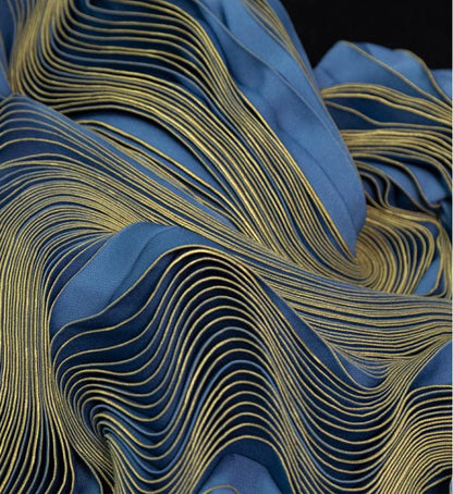 Ocean Blue Foil Pleated Fabric: Hand-Pressed Crepe Designer Material