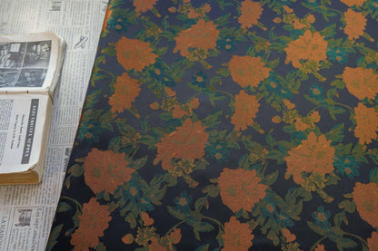 Orange Floral Woven Fabric, Black Polyester Blend, 62" Wide