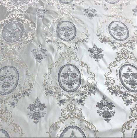 Palace Style Brocade Jacquard Fabric: Red, Gray & Pink Damask (By The Meter)