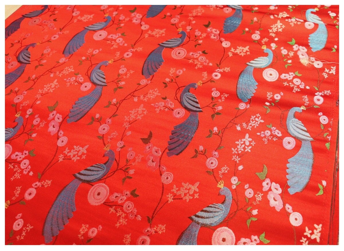 Peacock Bird Damask Fabric: 29.5"W Jacquard Satin Brocade