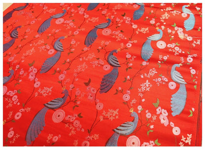 Peacock Bird Damask Fabric: 29.5"W Jacquard Satin Brocade