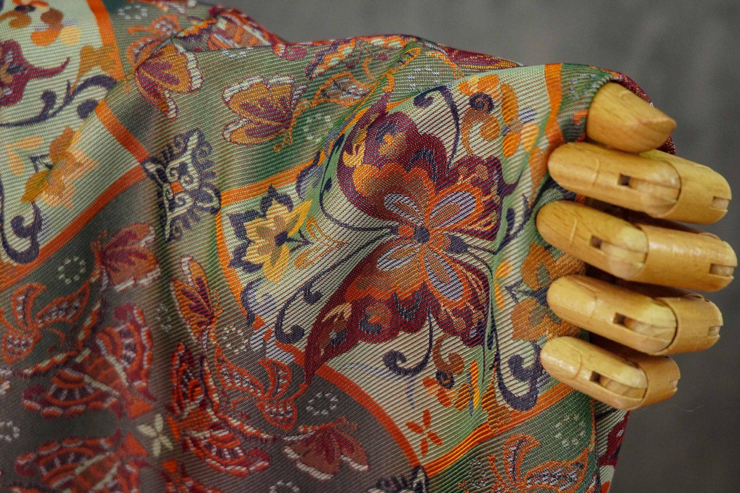Butterfly Floral Jacquard Fabric: Ethnic Green Iridescent Sewing Material (59"W, By The Meter)