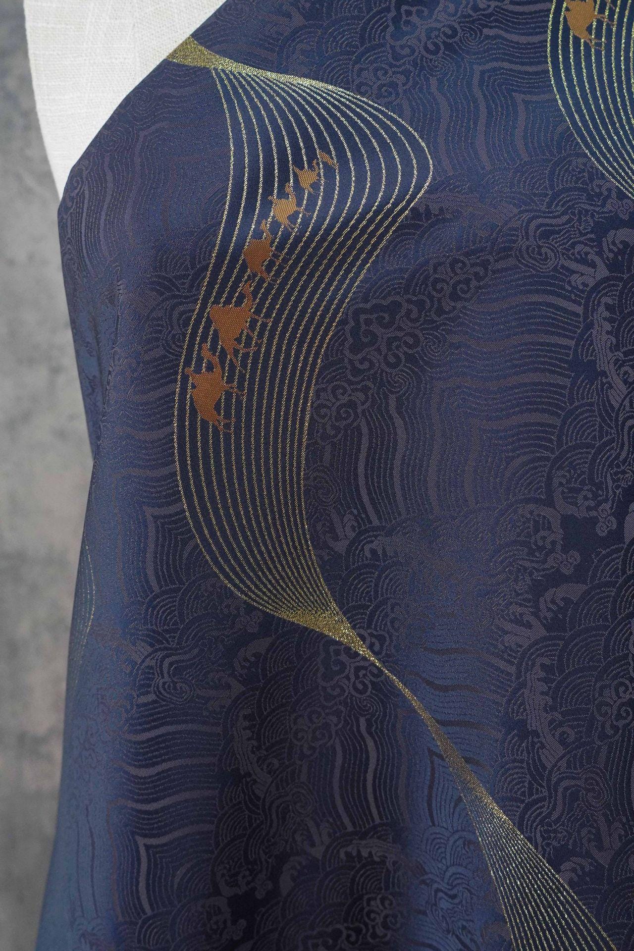 Dark Purple Jacquard Fabric: Golden Wave Pattern, Luxury Upholstery - 65"W